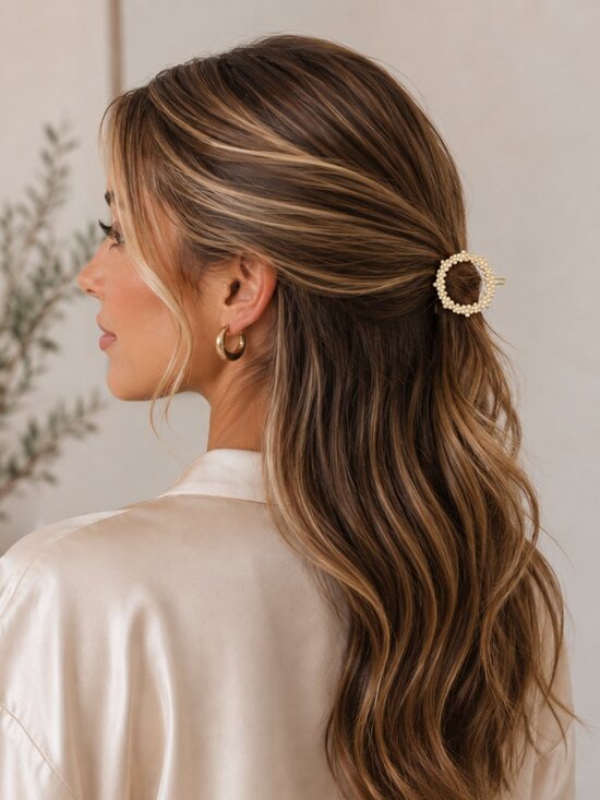 L. Erickson Faux Pearl Circle Barrette Gold Tone Hair Clip France Luxe NWT